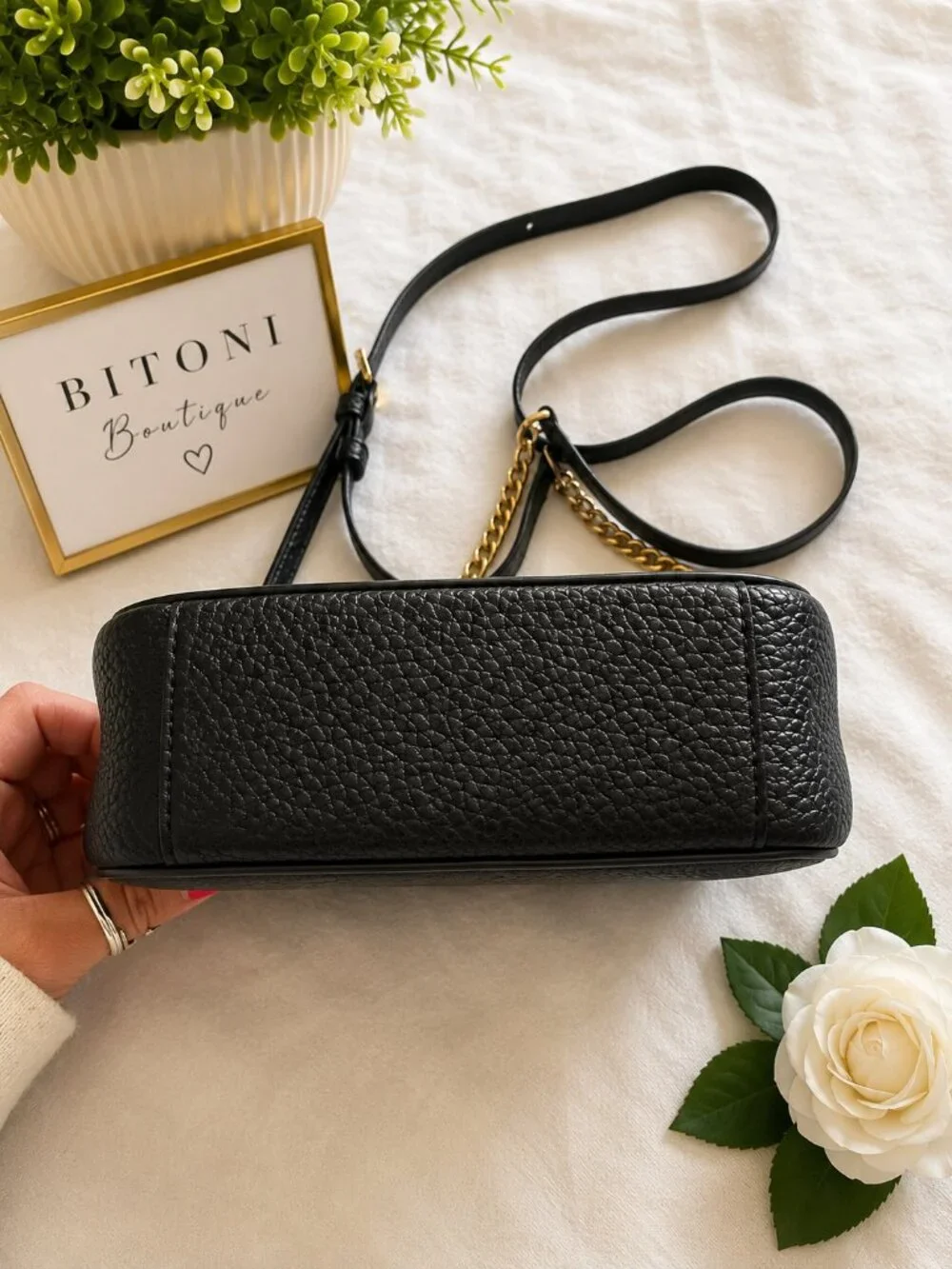 Michael Kors Black Leather Crossbody Bag | Gold Chain Accent | Pebbled Leather |